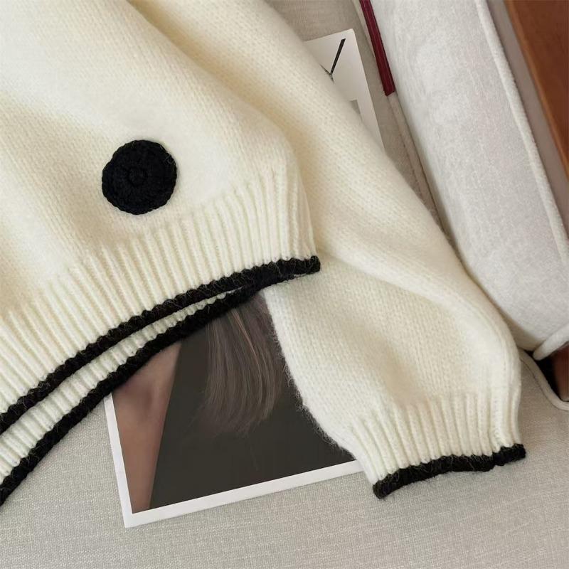 3D Polka Dot Embroidery Women's Knitted Sweater Korean Casual Lady Clothing Autumn Winter Round Neck Long Sleeved Top