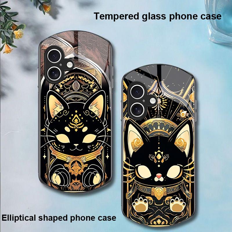 Black Gold Cat For Apple IPhone 16 11 13 15 14 Pro Max 12 Mini 7 8 Plus XR X XS Elliptical Shaped Tempered Glass Phone Case