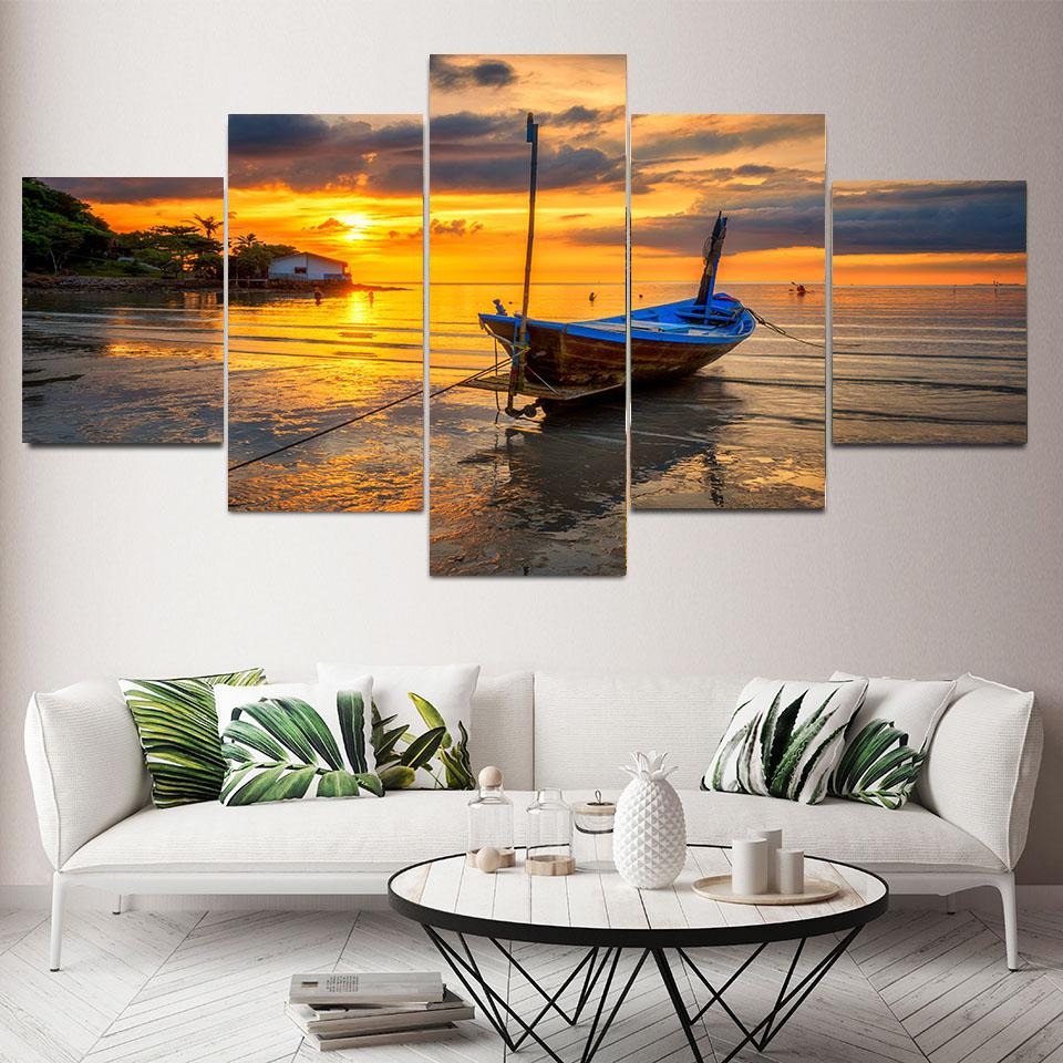 5 Panels Landscape Boat In Sunset Scenery Canvas Painting Nature Beach Posters and Prints Wall Art Picture Home Decor No Frame