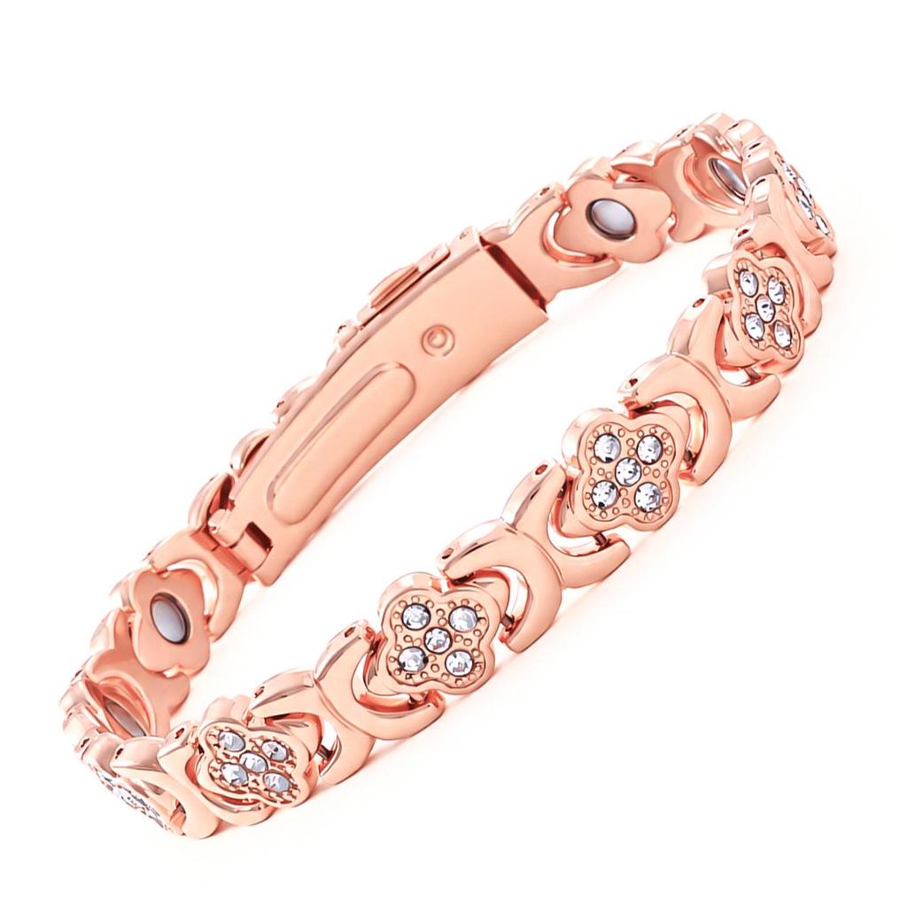 European & American Magnetic Bracelet: Fashionable Four-leaf Clover Alloy with Diamond Inlay, Single Row Magnetic Jewelry for Women.