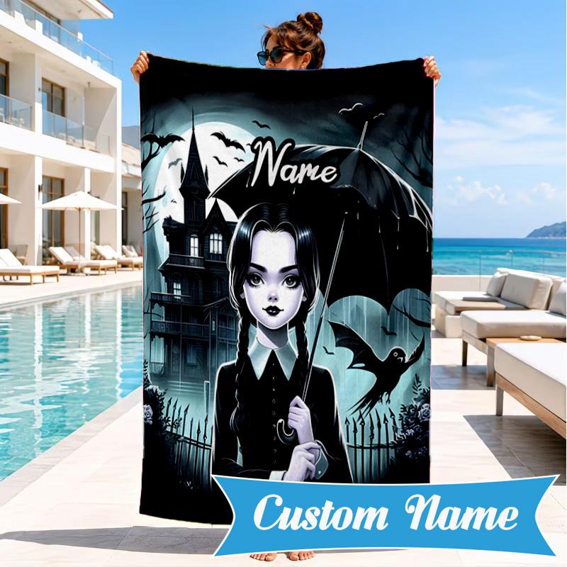 Custom Name Gothic Addams Beach Towel, Soft Quick-Dry Beach Towel, Ideal for Pool, Camping, Perfect Travel Essential Gift