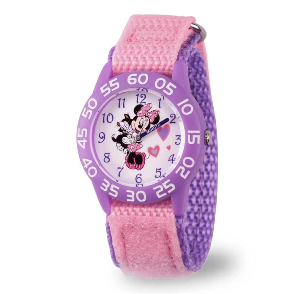 Disney Minnie Maus Lünette Edelstahl Zeitlehrer Analoges Nylonarmband Helllila und Rosa Klassische Kinderuhr, Lila,
