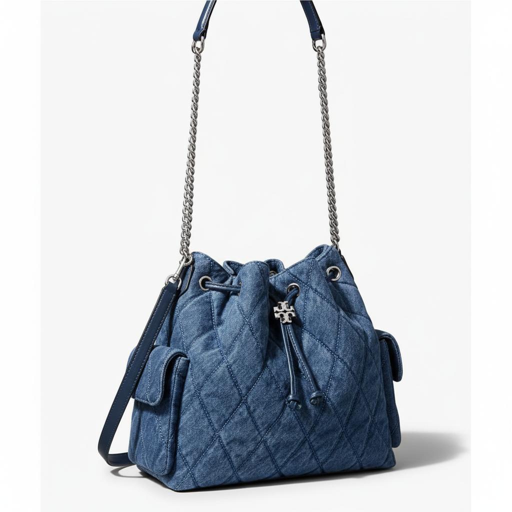 Tory Burch Charlie Adjustable Detachable Shoulder Strap Denim Shoulder Bag Women Shoulder Bag Blue 183603-400