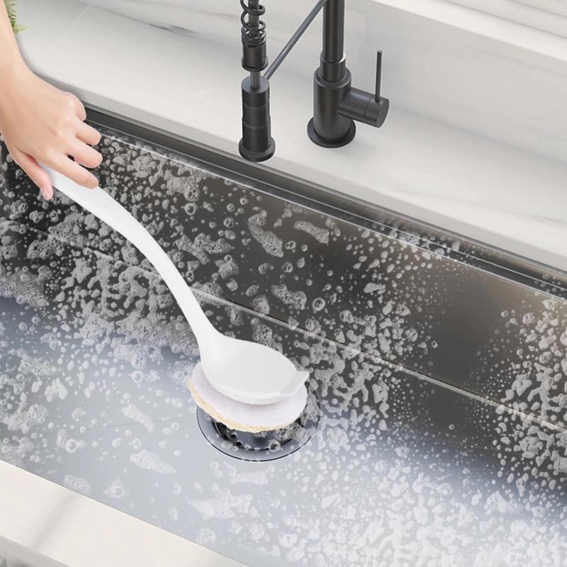 Non-Scratch Loofah Pot Brush with Long Handle - Keeps Hands Clean for Effective Kitchen Cleaning & Degreasing