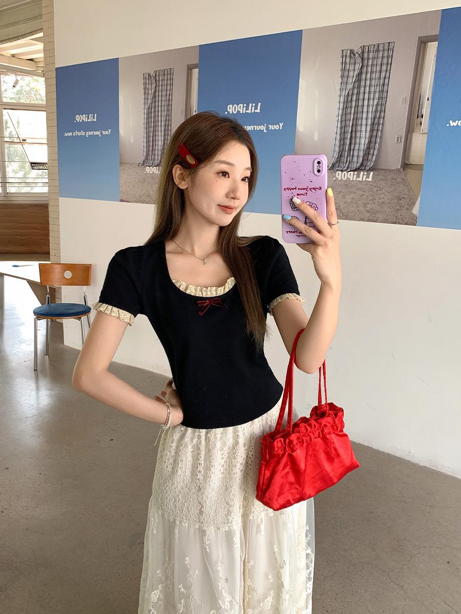 

Корейская чистая жажда бант Spice girl кружевная вставка дизайн короткий рукав футболка женская летняя новая облегающий топ S чёрный