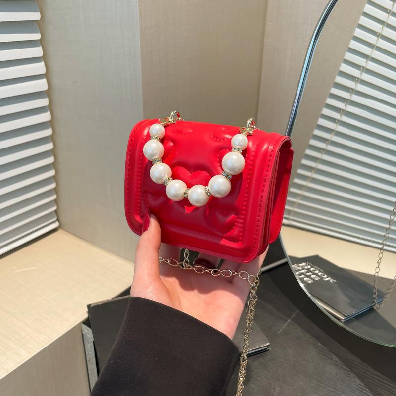 New Solid Color Chain Shoulder Messenger Commuter Small Square Bag Fashionable Versatile Mini Pearl Handbag Bag