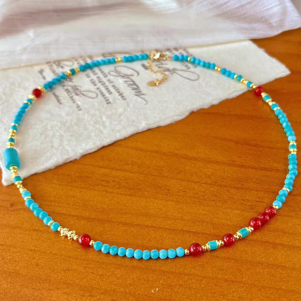 Vintage Artificial Turquoise Natural Chalcedony Collarbone Chain Necklace