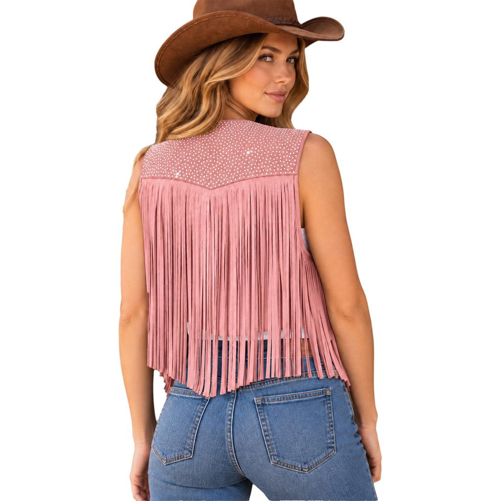 Faux Suede Cowgirl Fringe Waistcoat Women Sparkly Rhinestone Tassel Sleeveless Open Front Vest for Halloween Cosplay Theme Party