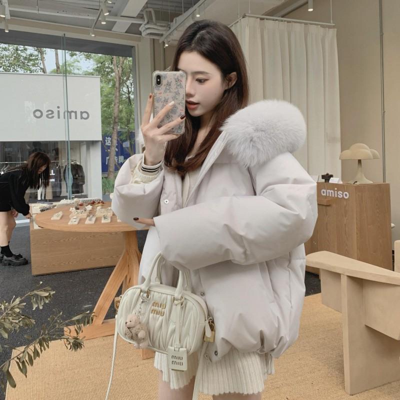 Womens Pink Puffer Jacket With Faux Fur Hooded Collar Short Warm Winter Coat Loose Fit Daily Wear