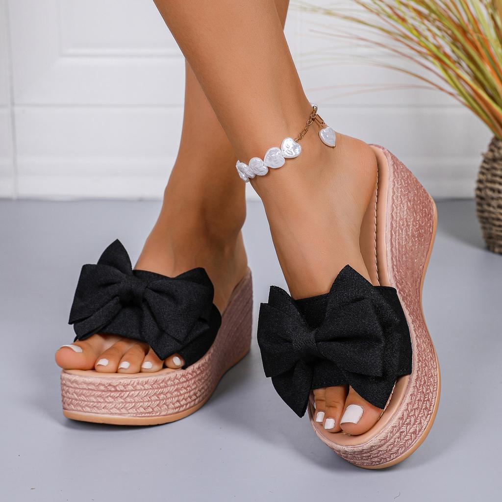 Plus Size Bow Slippers Women's Cloth Cover Platform Beach Slippers