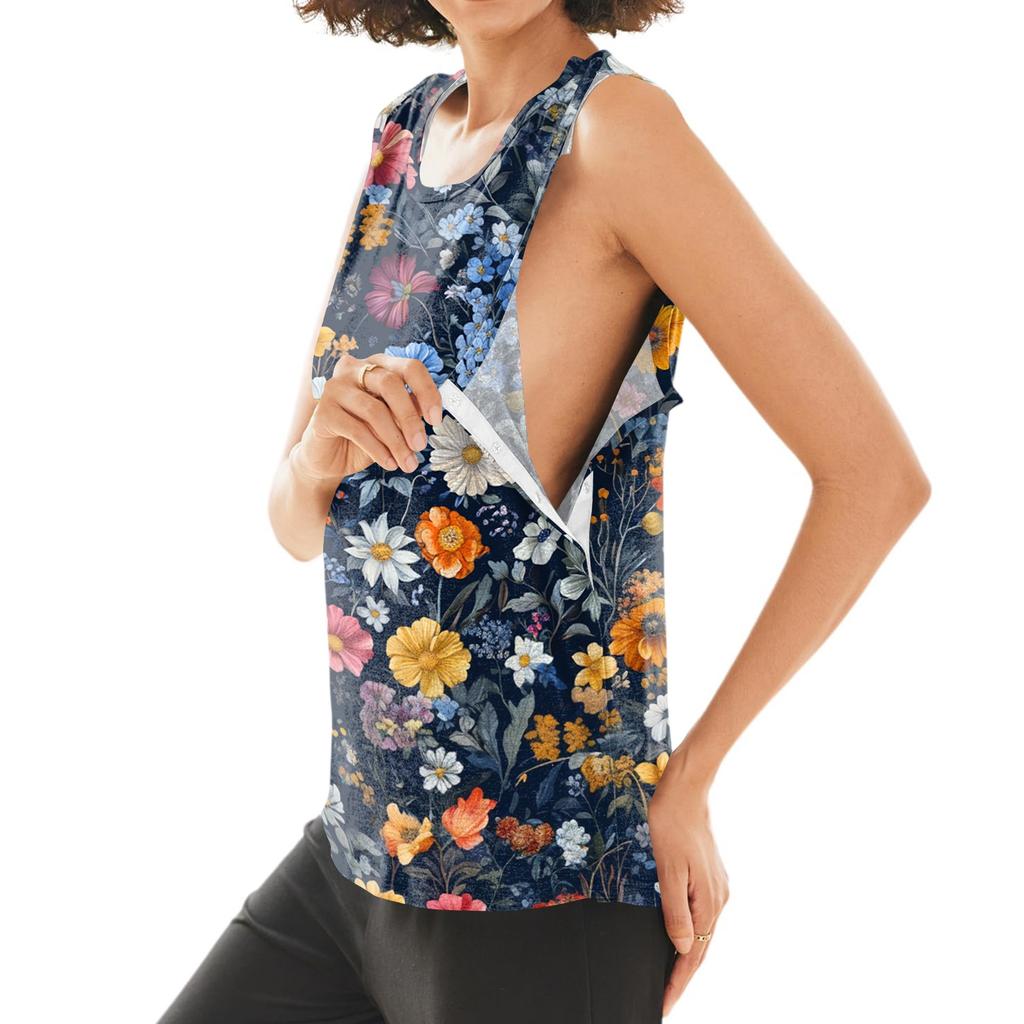 Women Post Shoulder Surgery Shirt Sleeveless Floral Print Top One Shoulder Snap Button Opening Medical Recovery Blouse