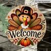 2D Flat, 1pc Round Aluminum Hanging Sign, Vivid Cartoon Turkey Pumpkin Autumn Foliage Welcome Text Clear Printed Metal Sign, Farmhouse Front Porch
