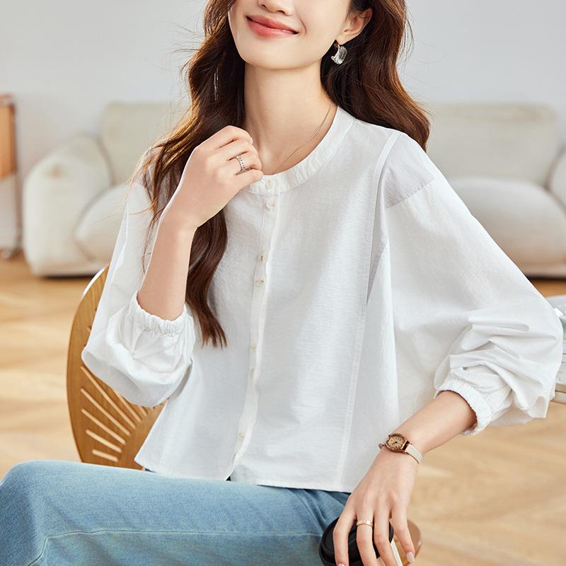 

Round Neck Shirt for Women Long Sleeve Spring New Short Top Small Korean Casual Shirt XXL