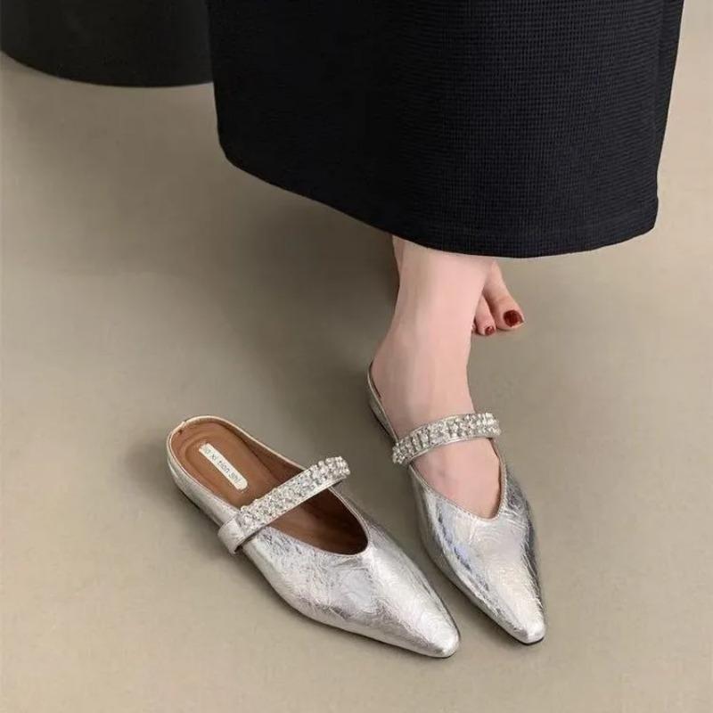 Fashion New Hot Baotou Half Slippers Female Summer Luxury Designer Pointed Rhinestone Temperament Girls Small Height Wedge Sandals