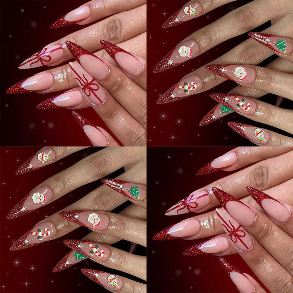 Elegant French Tip Glitters Press On Nail 48PCS Set Long Coffin Shape Snowman Christmas Theme Artificial Nail For Gift