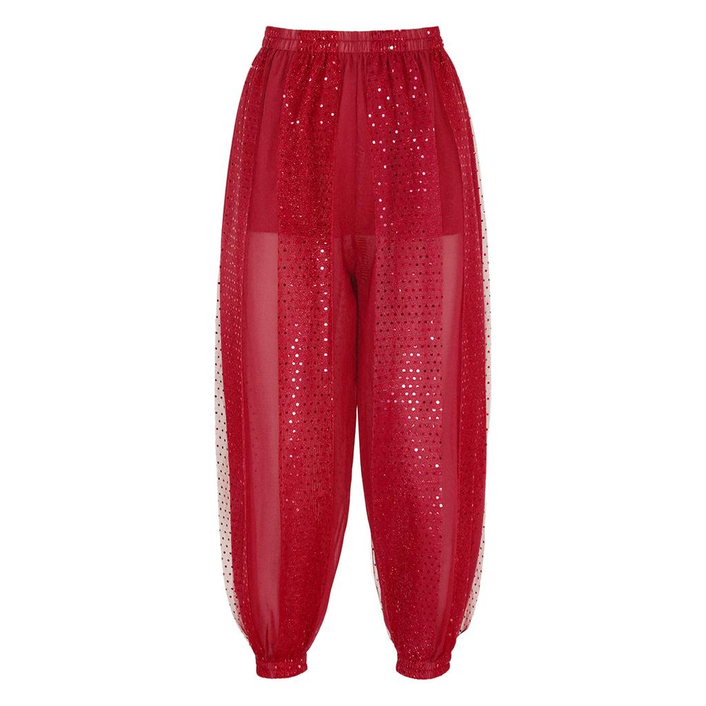 Womens Semi Sheer Chiffon Pants Sequined Dot Design Elastic Waist Belly Dance Performance Trousers