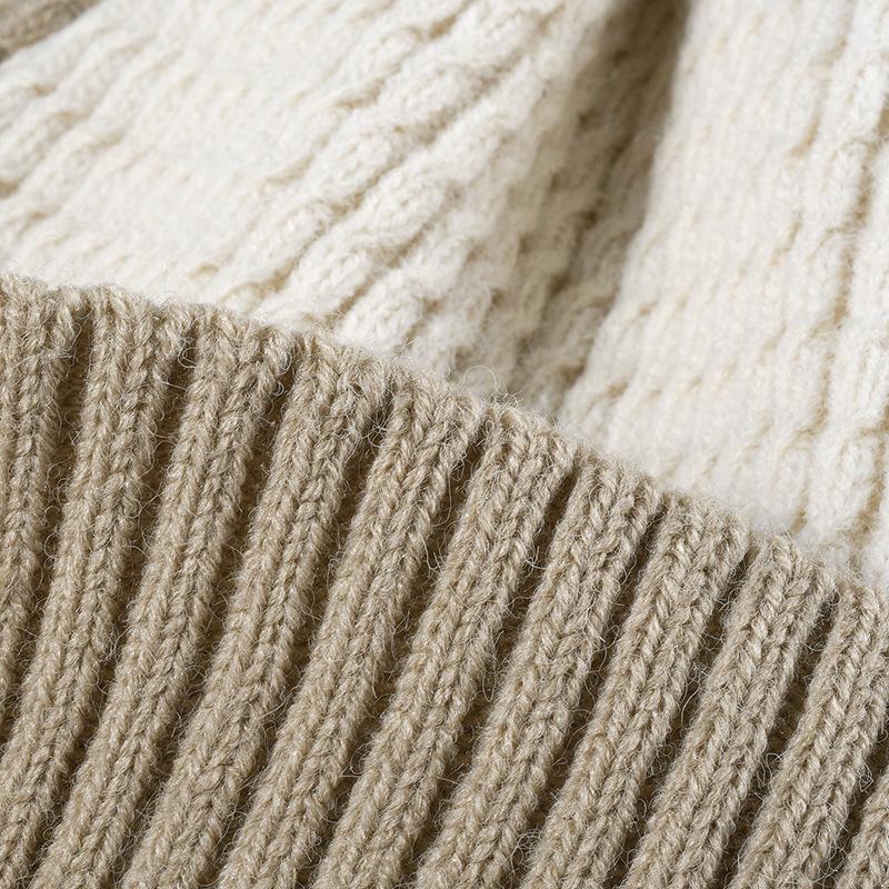 Hat, Female, Autumn and Winter with Fur Ball, Warm and Thickened, Padded Knitted Cap, Fashion Color Blocking, Outdoor Woolen Cap