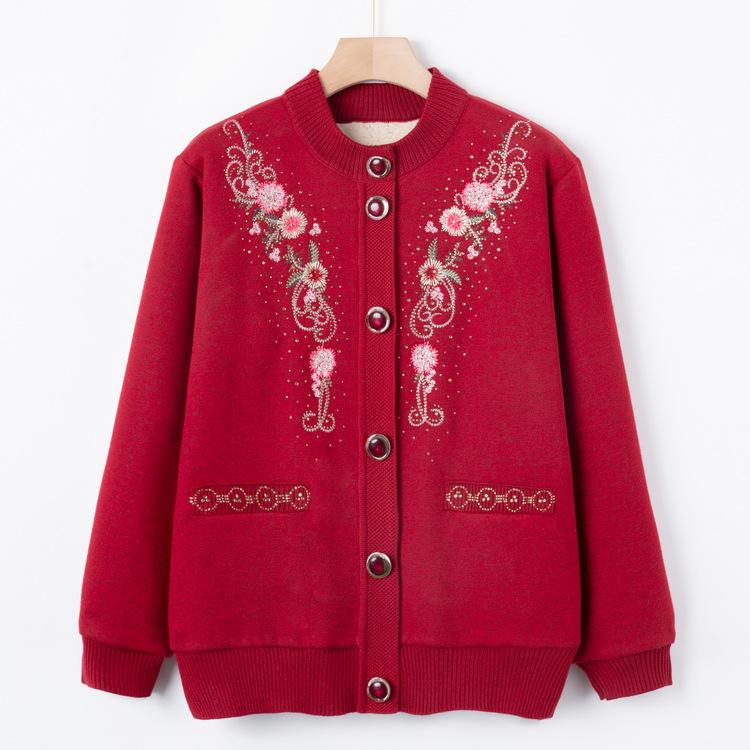 Middle-aged and Elderly Autumn and Winter Embroidered Sweater Grandma Plus Velvet Thickened Sweater Jacket 60-year-old 70-year-old Mother Autumn Top