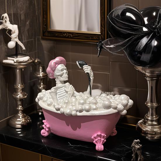 Halloween Bathing Skeleton Ornament Resin Bubble-Filled Bathtub Skeleton Figurine Statue Sculpture Home Office Holiday Party Decoration