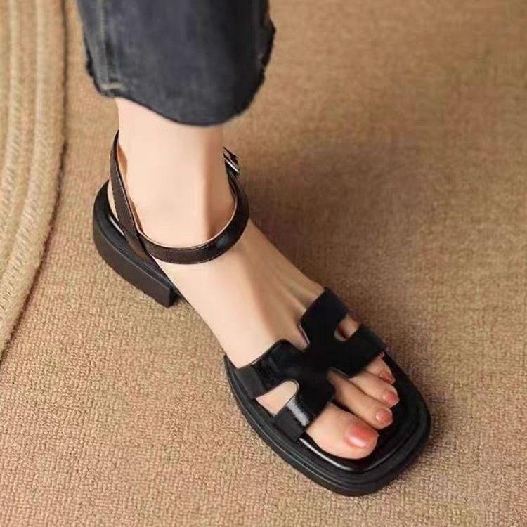 Salto Grosso Sola Grossa Tira com Fivela Reta Dedo Exposto Bico Quadrado Sandálias Estilo Faculdade Femininas Verão