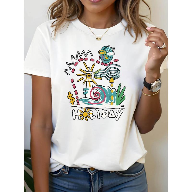 Women's Holiday Theme Art Style T-Shirt - Colorful Abstract Sun & Wave Graphic Casual Short Sleeve, Stylish Daily Travel Top