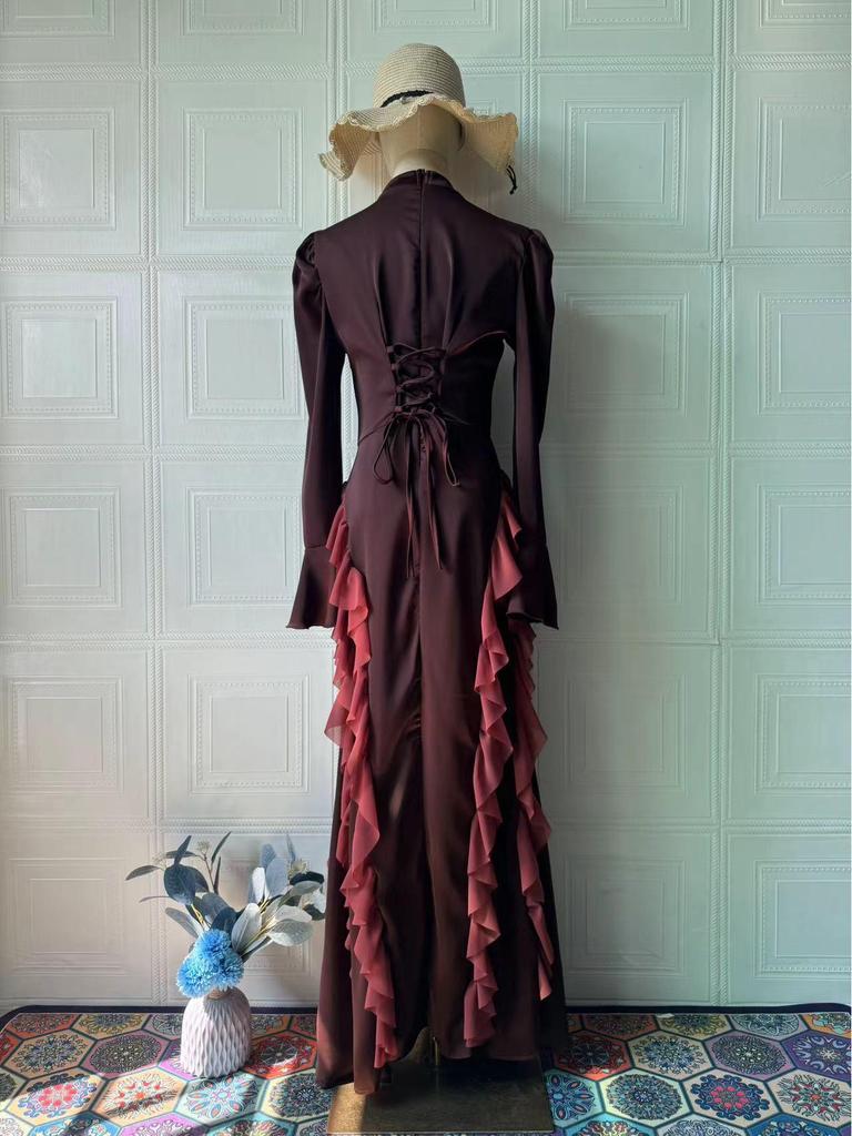 Robe de Printemps Patchwork Dentelle à Lacets Satin Mousseline Col Haut 2025