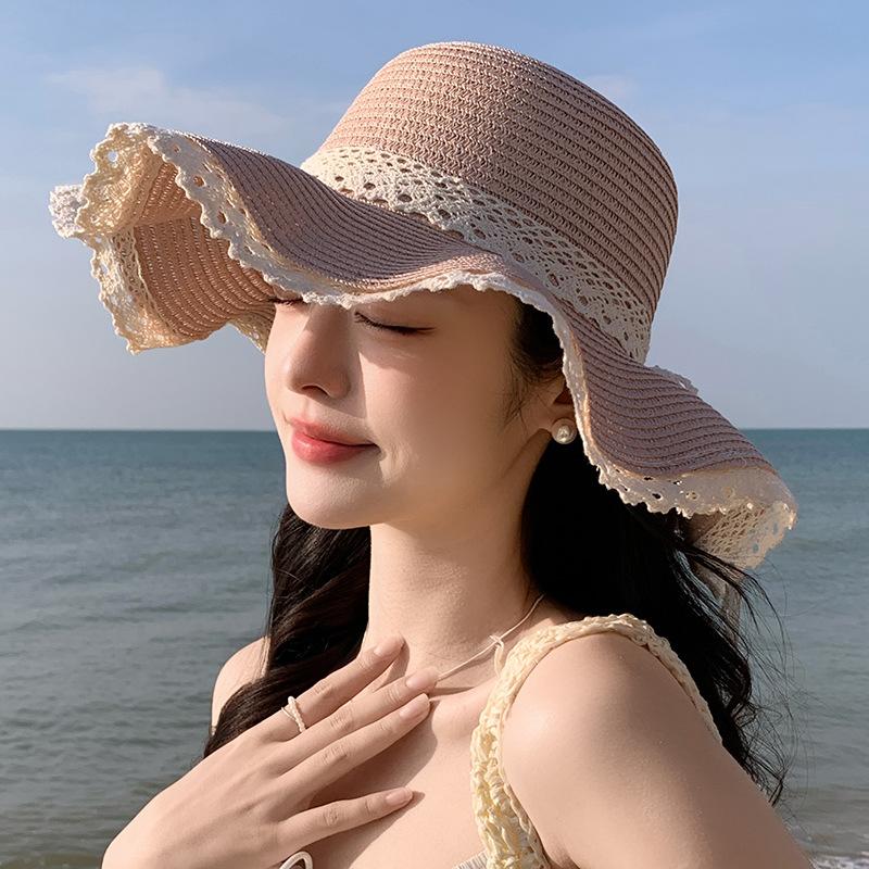 Summer Straw Hat Women's New Wave Lace Sunshade Hat Beach Vacation Travel Face Covering Sun Hat