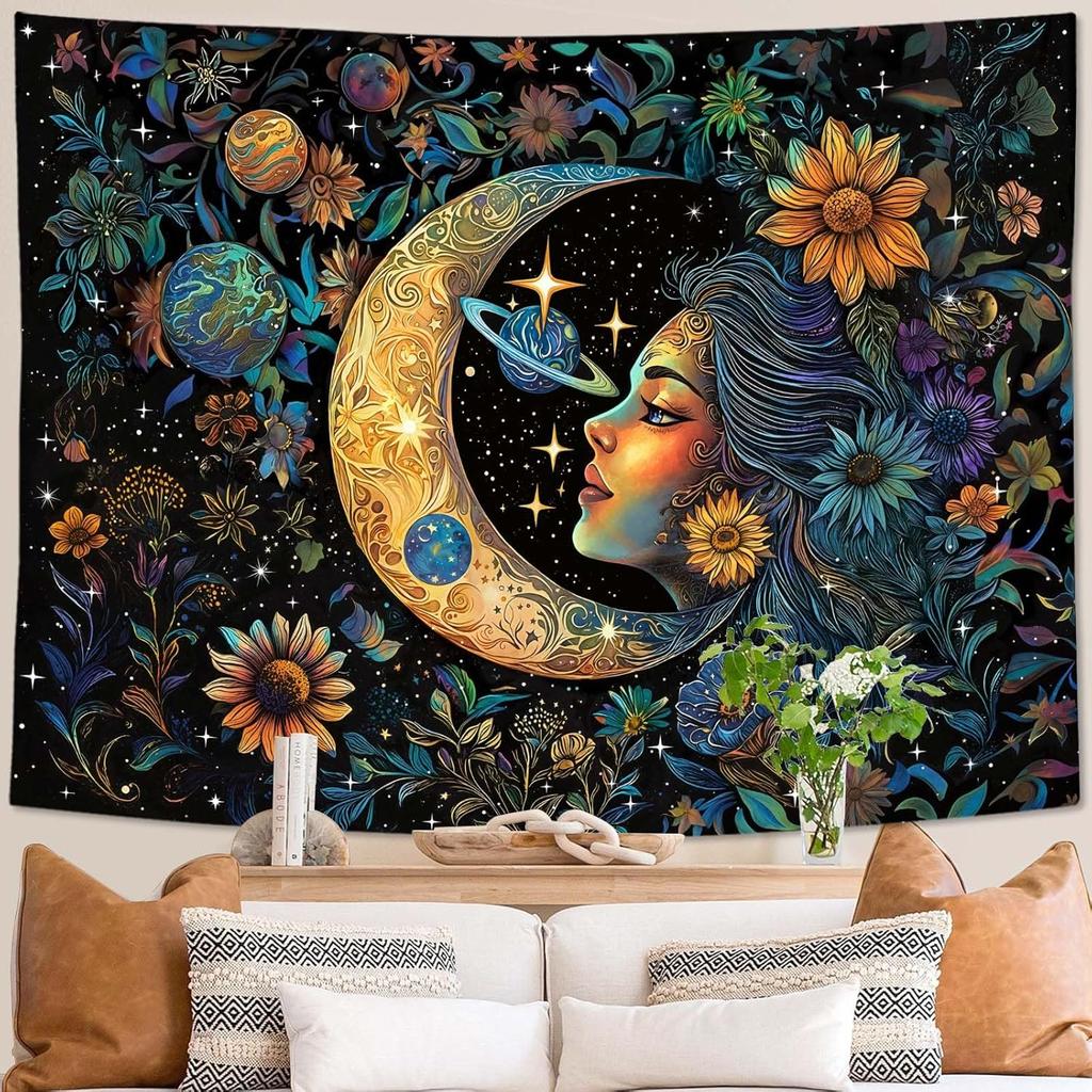 VIKAMA Tapiz Sol Luna Dormitorio Hippie Bohemio Flor Tapiz de Pared Flor Retro Plantas Espíritu Celestial Gran Tapiz