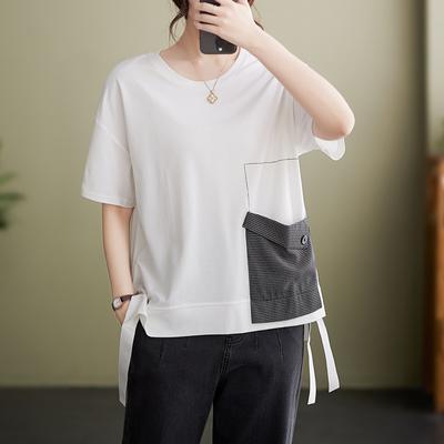 Sommer Baumwolle Gestrickt Kariert Patch Groß Lockeres Oberteil Vorne Kurz Hinten Lang T-Shirt für Damen