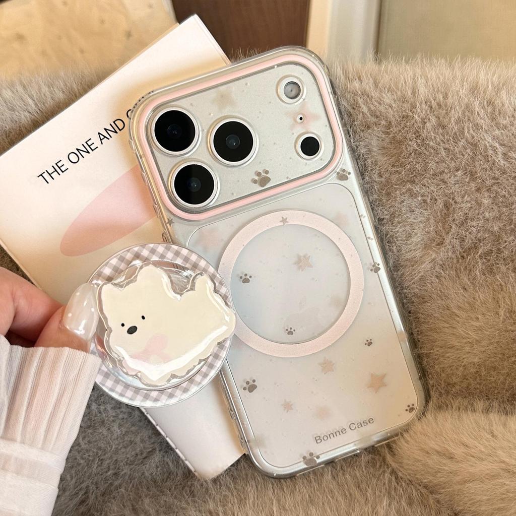 Gray Pink Star iPhone 16 Transparent Case with Puppy Magnetic Stand (Fits iPhone 13-17) - Korean Style