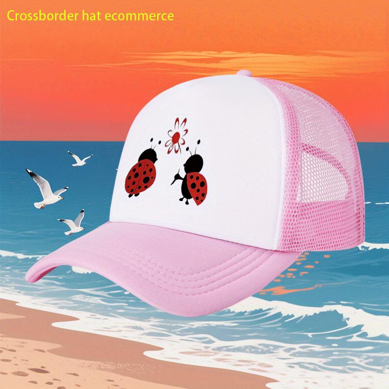 Charming Ladybug Cartoon Mesh Trucker Hat Breathable Polyester Blend Casual Baseball Cap Adjustable Sun Hat