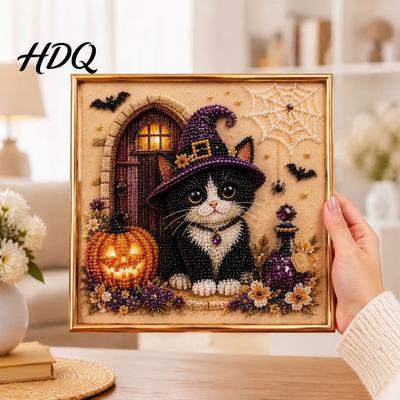 Complete Bead Art Set with Frame Ghost Faux Pearl DIY Kit Frame Halloween Cat Painting Kit 3D Witch Pumpkin Craft for Adults Holiday Home