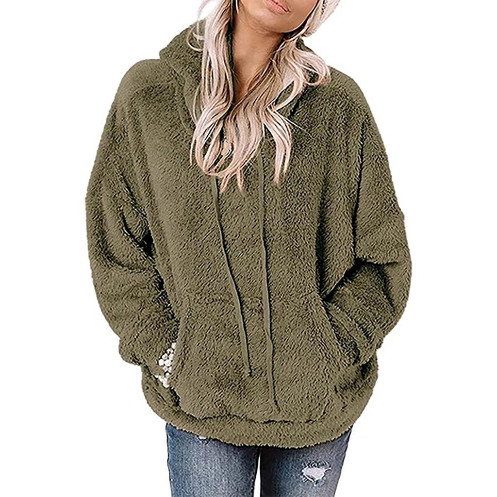 Lässiger Damen-Pullover, warmer Plüsch-Hoodie-Mantel, einfarbig, lockerer Taschenmantel