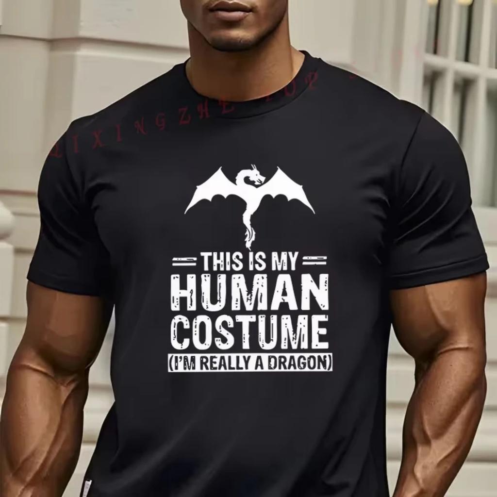 Men'S 'This Is My Cyborg Costume' Graphic T-Shirt Black Base with White Dragon Pattern Casual Short Sleeve Tees