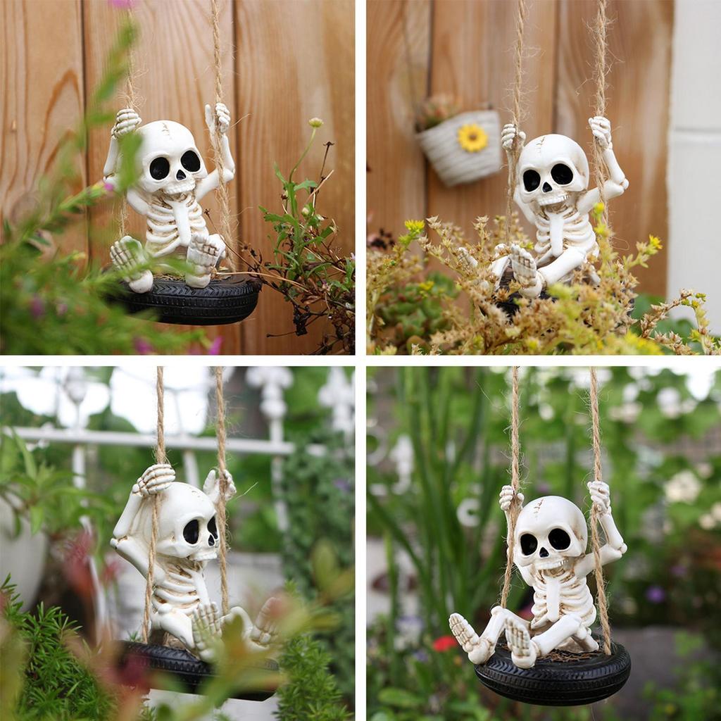 Skeleton Figurines For Halloween Decorative Sculpture For Patio Skeleton Tire Swing Figurine Hangable For Walls Ceilings Porch