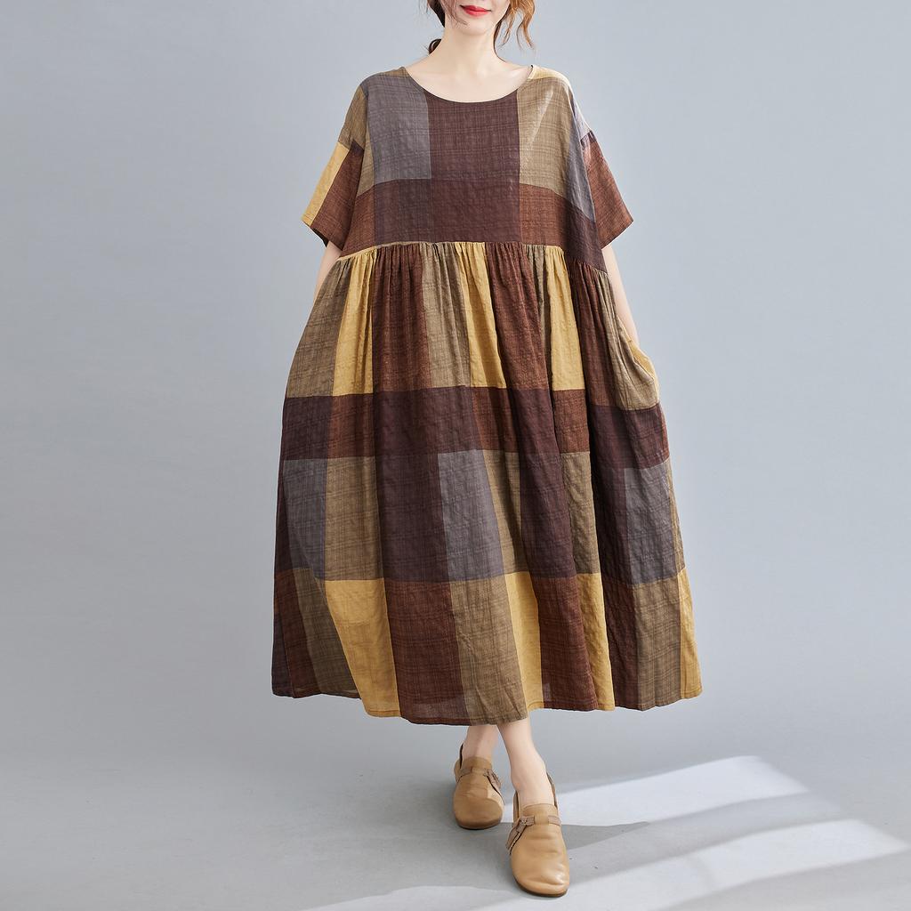 Women Cotton and Linen Dress Vintage Plaid Print O Neck Half Sleeves Side Pockets Robes Casual