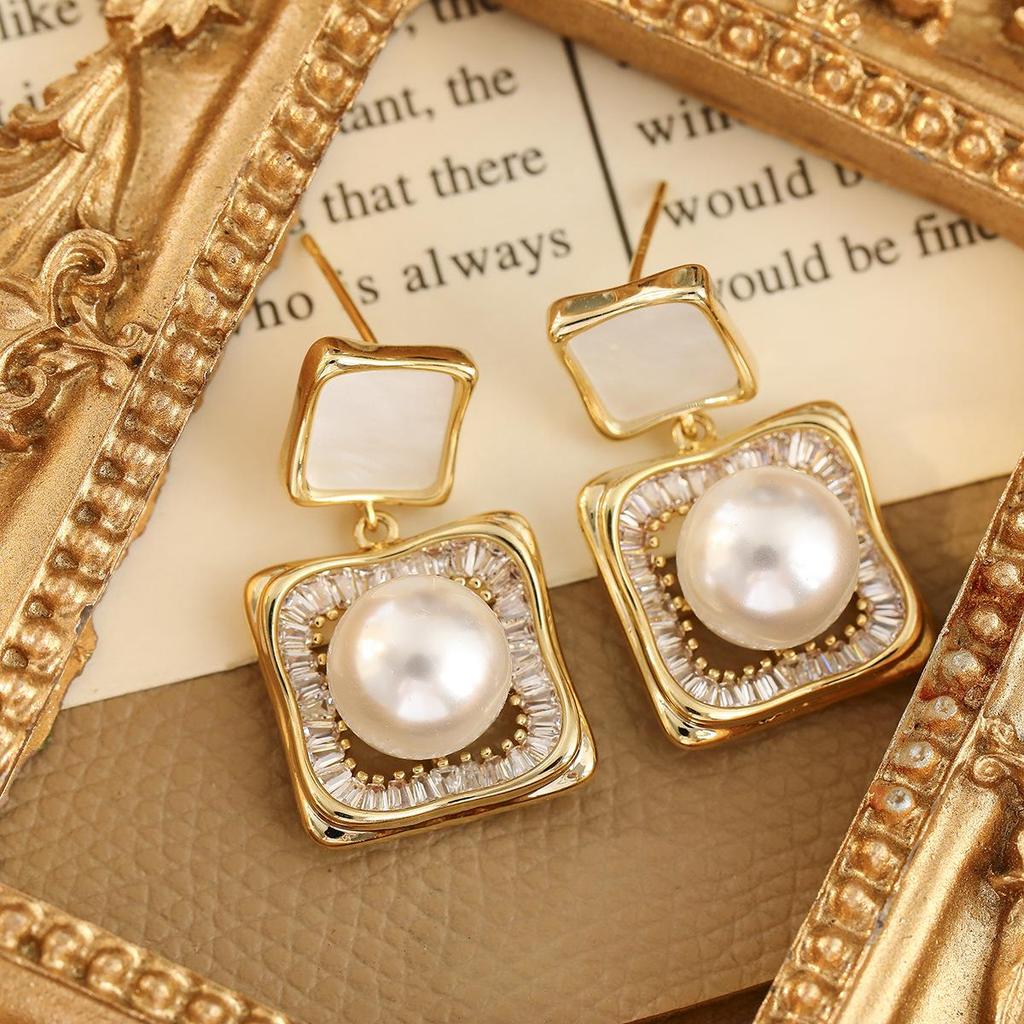 Retro Geometric Square Pearl Zirconia Earrings - Elegant Fashion Drops