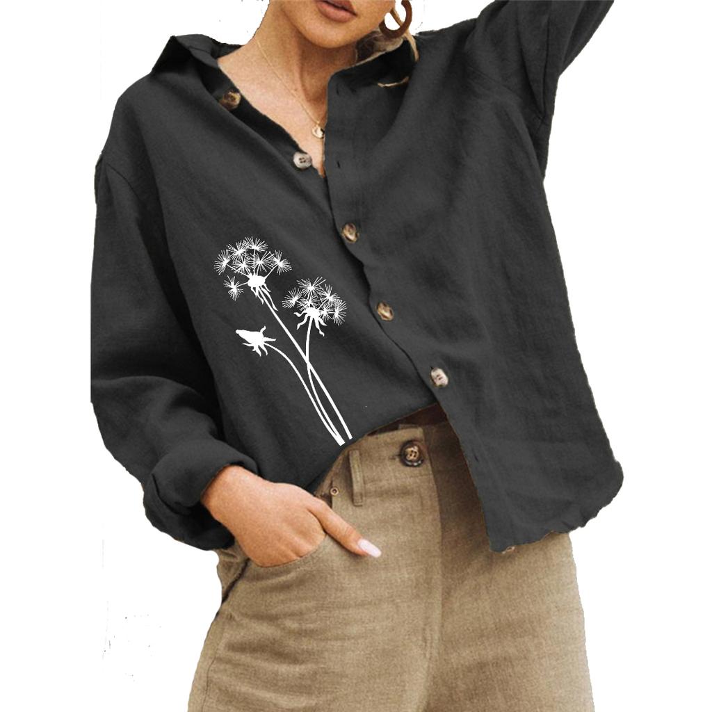 Women Fashion Floral Print Blouse Summer&fall Cotton Linen Top Ladies Casual Buttoned Long Sleeve Shirt