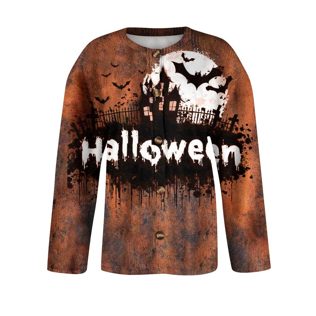 Women's Long Sleeve Knit Cardigan with Halloween Print and Button Front