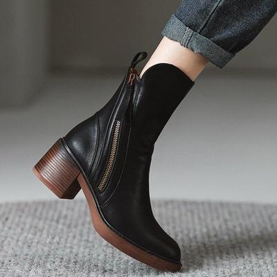 Fashion Woman Mid Calf Boots Women Zipper Chunky Heels Female Footwear Ladies Leather Short Boots Fashion Women's Shoes Botas De Mujer