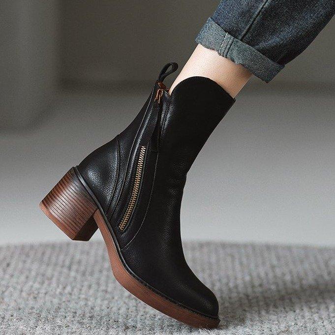 Fashion Woman Mid Calf Boots Women Zipper Chunky Heels Female Footwear Ladies Leather Short Boots Fashion Women's Shoes Botas De Mujer