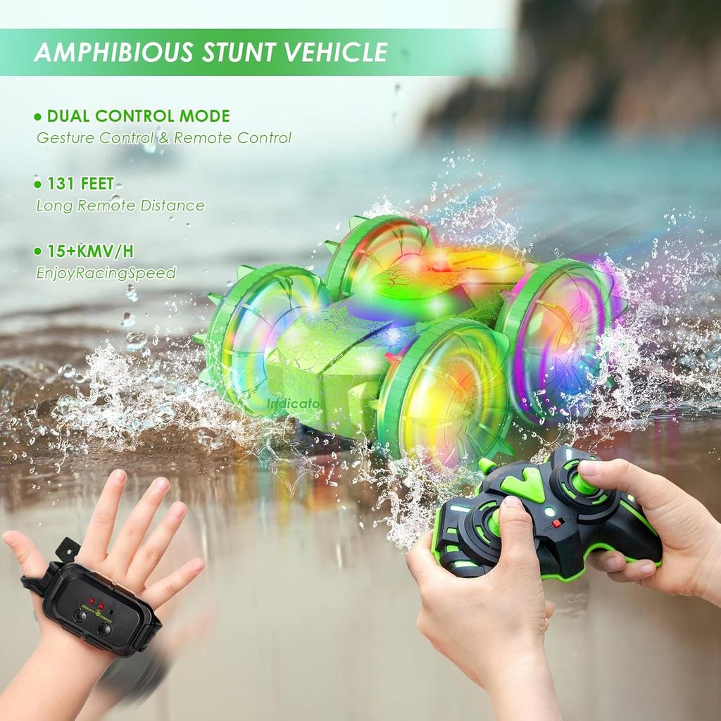 Amphibious RC Car with Lights for Kids 6-12 Year Old,2.4 GHz Remote Control Boat RC Monster Truck 4WD Vehicle Gifts,Waterproof Hand Controlled Boat