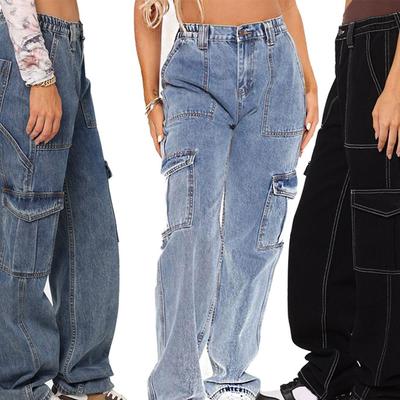 Damen-Jeans mit geradem, lockerem, weitem Bein, Cargo-Jeans mit mehreren Taschen, lässige Jeans für Damen