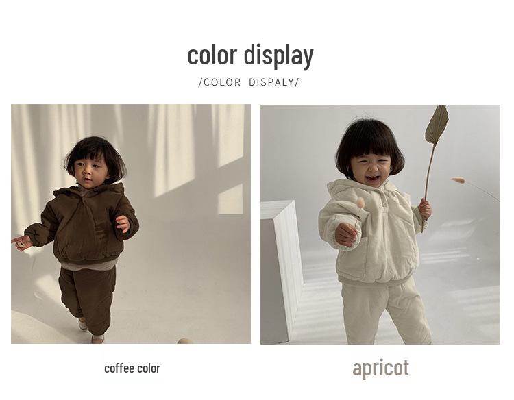 Korean Style Winter Kids' Thick Hooded Cotton Jacket & Pants Set for Girls