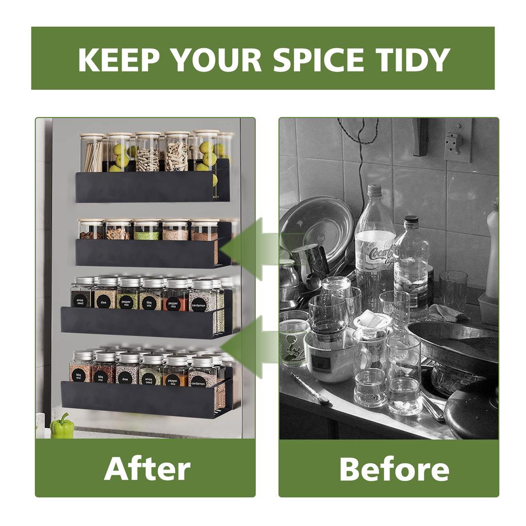 4 Pack Magnetic Spice Rack for Refrigerator Organizer Shelf Storage Moveable Magnetic Shelf Fridge Space Saving Heavy-Duty Back