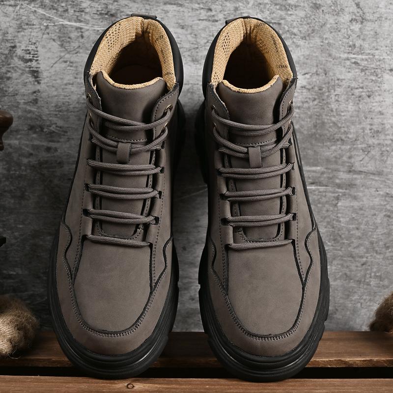 Men Gray Coffee Large Size Large Size Leather Work Boots Lace Up Rugged Utility Shoes Outdoor Walking Autumn Travel Footwear