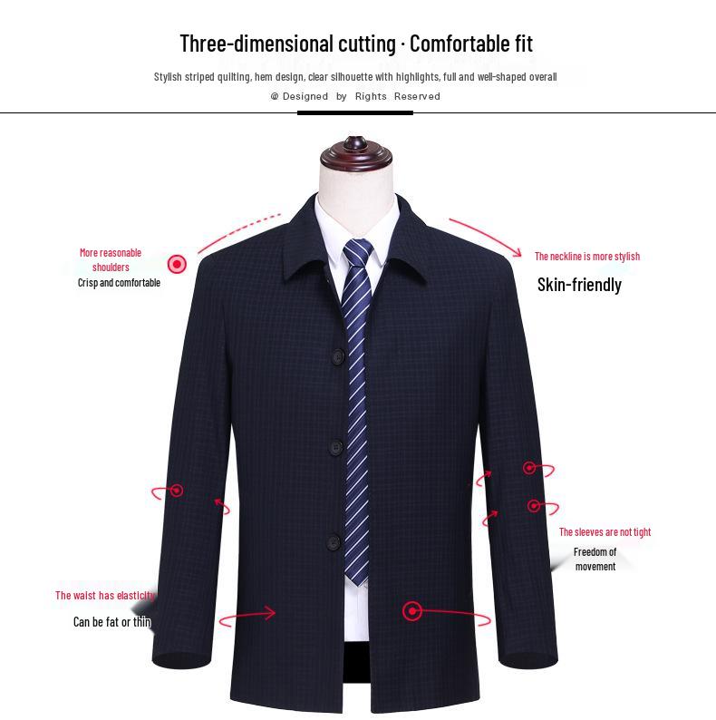 Men's High-End Wool Plaid Jacket - Lapel Top for Middle-Aged Dads, Spring/Autumn Casual Outerwear