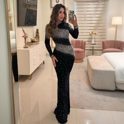 Vestido largo de fiesta con escote semialto y escote en V profundo para mujer, sexy, con diamantes de imitación