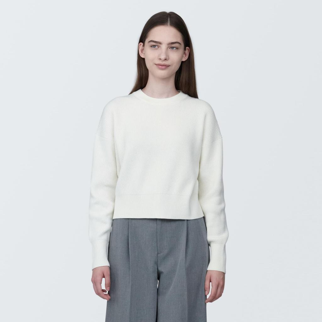MUJI Waschbarer, gerippter, kurzer Pullover mit Rundhalsausschnitt BA1OQA4S Off White XL Damen Damen Damen
