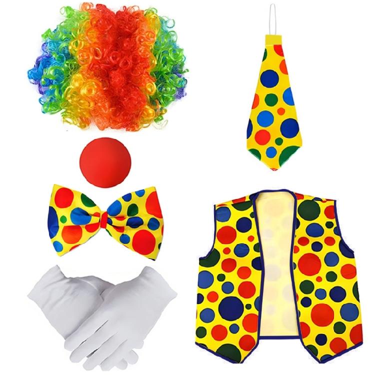 Full Feature Adult Clown Cosplay Set for Halloween Celebration Role Play Rainbow Wig Nose Bowtie Gloves Accessories Set